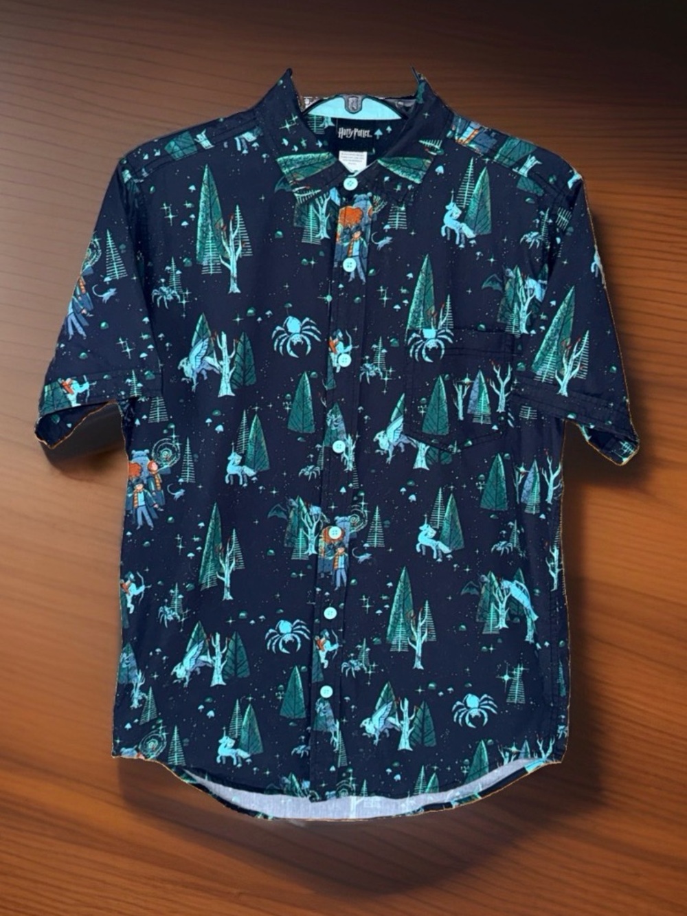 Harry Potter Navy Short-Sleeve Button-Down Shirt with Teal & Orange Print